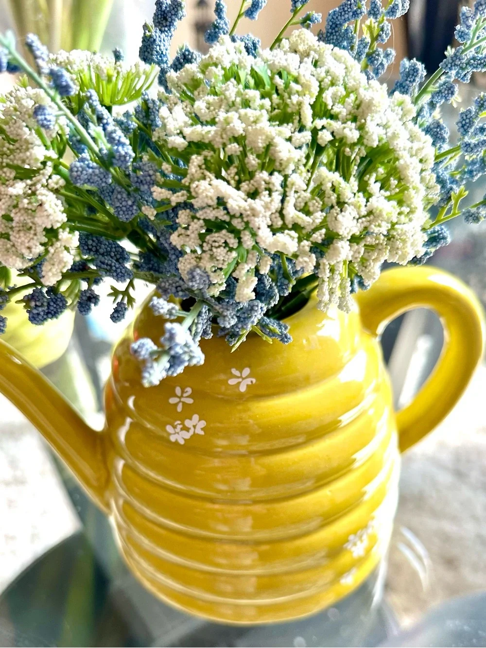 Yellow Ceramic Bee Hive Watering Can Vase with Blue & White Floral Accents 10x10